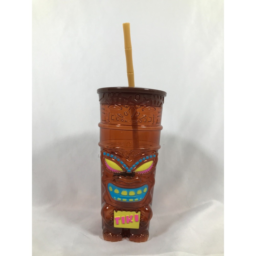 Berk Tiki Souvenir Tumbler Amber Plastic Cup with Bamboo Style Straw 22oz